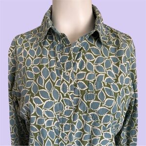Boden Sienna Cotton Long Sleeve Button Down 10US 14UK Blue Green Leaf Pattern